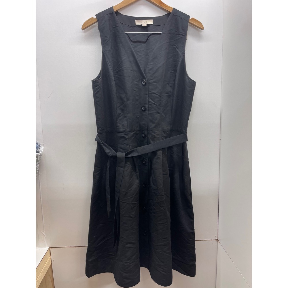 Loft Black Sleeveless Button Down Belted V-Neck Shirt Dress Womens 12